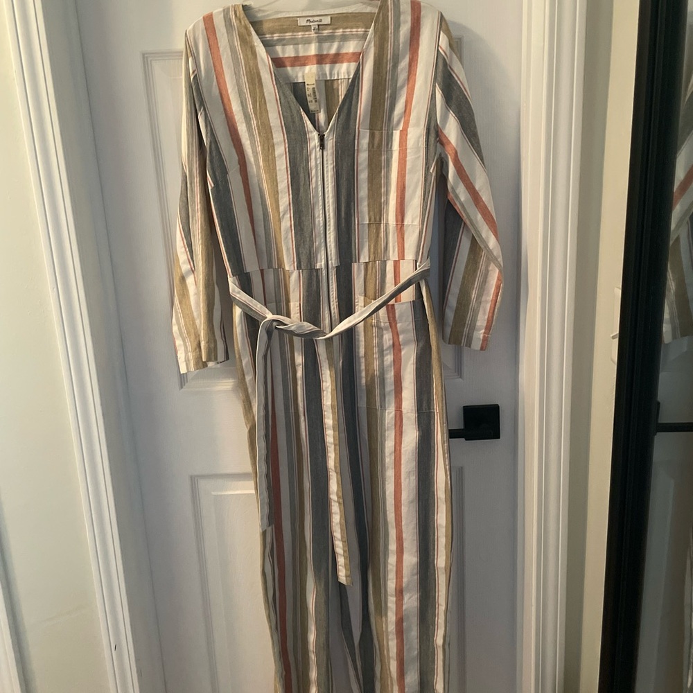Madewell Neutral Stripe Jumpsuit in Cream, Tan, and Coral